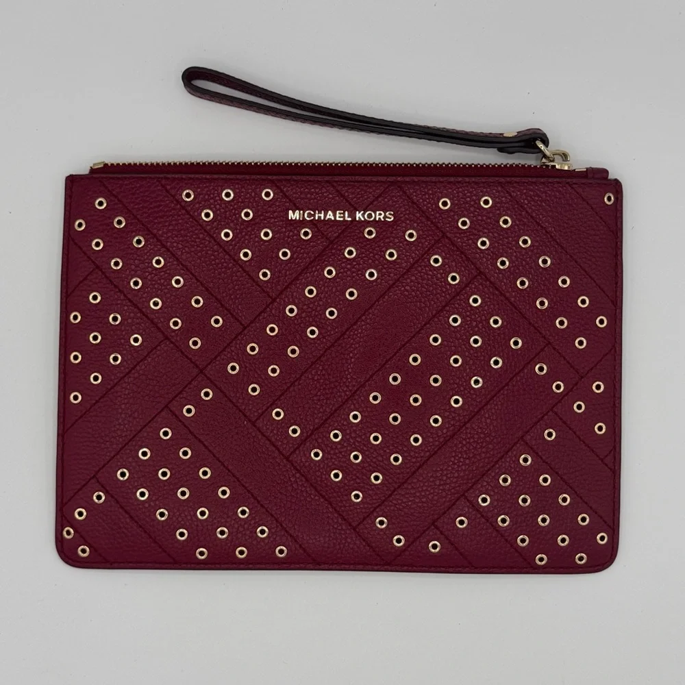 Michael Kors Jet Set Travel XL Zip Stud Clutch Wristlet Pebbled Leather Mulberry - Picture 9 of 10